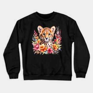 A baby cheetah decorated with beautiful watercolor flowers Crewneck Sweatshirt